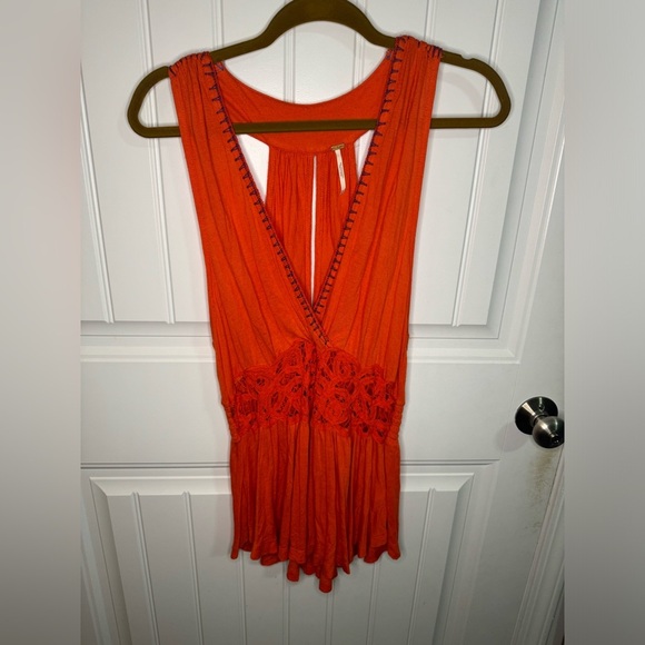 Free People Megan Peplum Tank Top Orange Embroidered Crochet Cutout Center - Picture 2 of 6